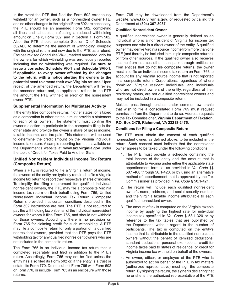 Instructions for Form 502 Virginia Pass-Through Entity Return of Income and Return of Nonresident Withholding Tax - Virginia, Page 10