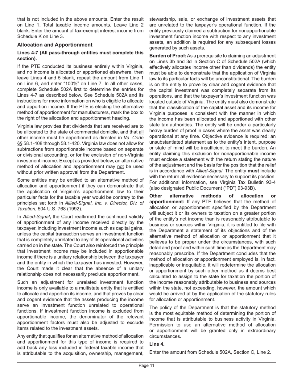 Instructions for Form 502 Virginia Pass-Through Entity Return of Income and Return of Nonresident Withholding Tax - Virginia, Page 13
