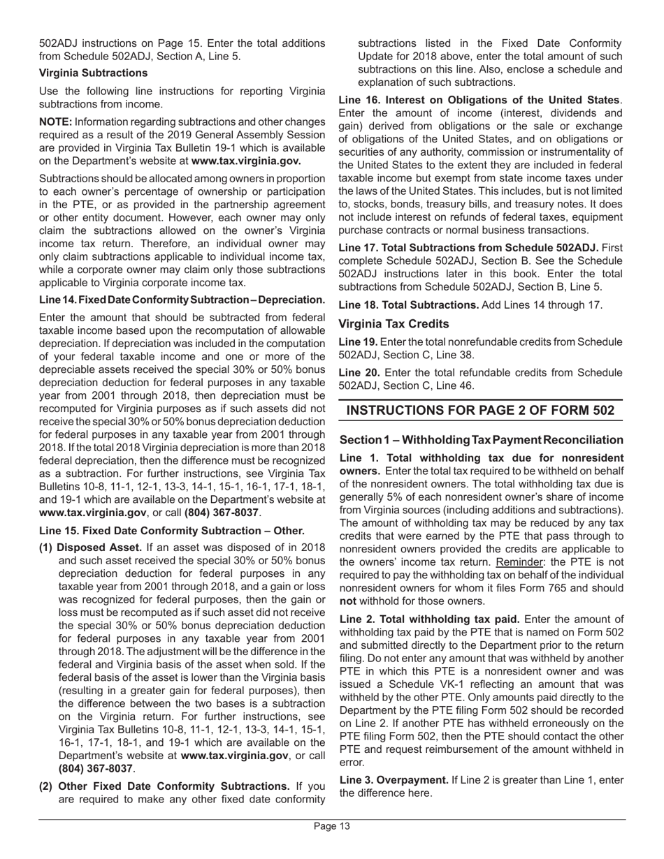 Instructions for Form 502 Virginia Pass-Through Entity Return of Income and Return of Nonresident Withholding Tax - Virginia, Page 15