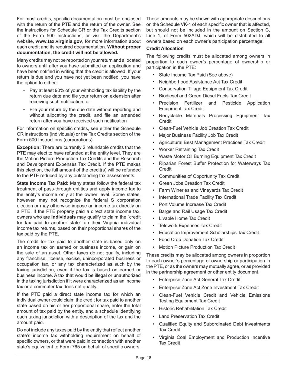 Instructions for Form 502 Virginia Pass-Through Entity Return of Income and Return of Nonresident Withholding Tax - Virginia, Page 20