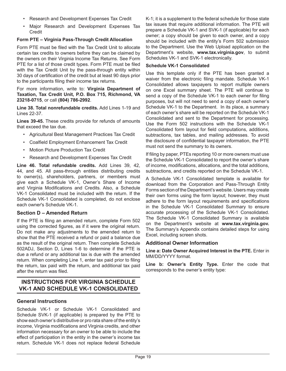 Instructions for Form 502 Virginia Pass-Through Entity Return of Income and Return of Nonresident Withholding Tax - Virginia, Page 21