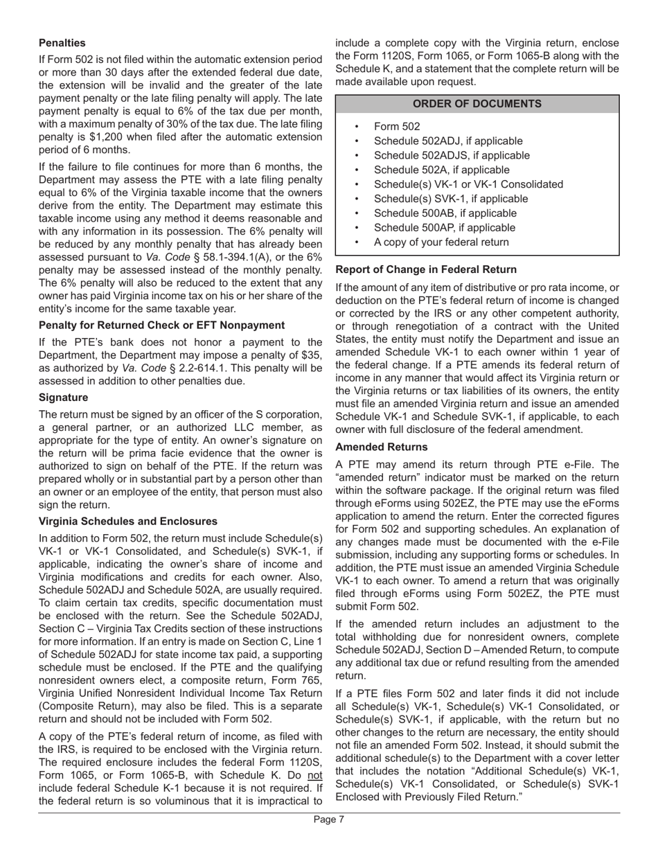 Instructions for Form 502 Virginia Pass-Through Entity Return of Income and Return of Nonresident Withholding Tax - Virginia, Page 9