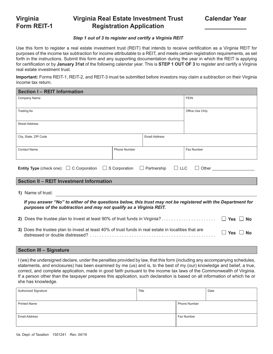 Form REIT-1 Virginia Real Estate Investment Trust Registration Application - Virginia, Page 1