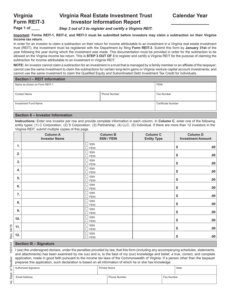 Form REIT-3 Virginia Real Estate Investment Trust Investor Information Report - Virginia, Page 1