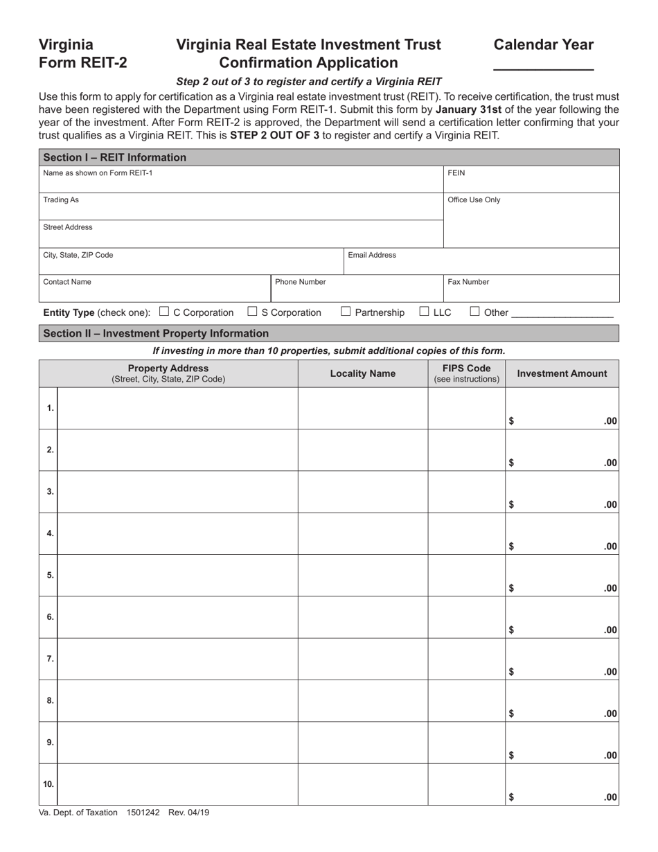 Form REIT-2 Virginia Real Estate Investment Trust Confirmation Application - Virginia, Page 1