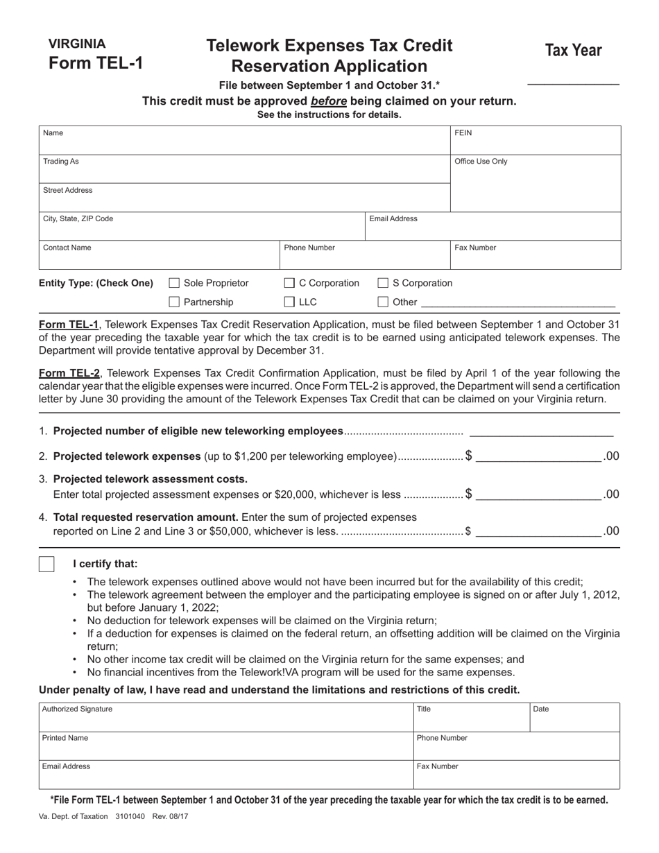 Form TEL-1 Telework Expenses Tax Credit Reservation Application - Virginia, Page 1