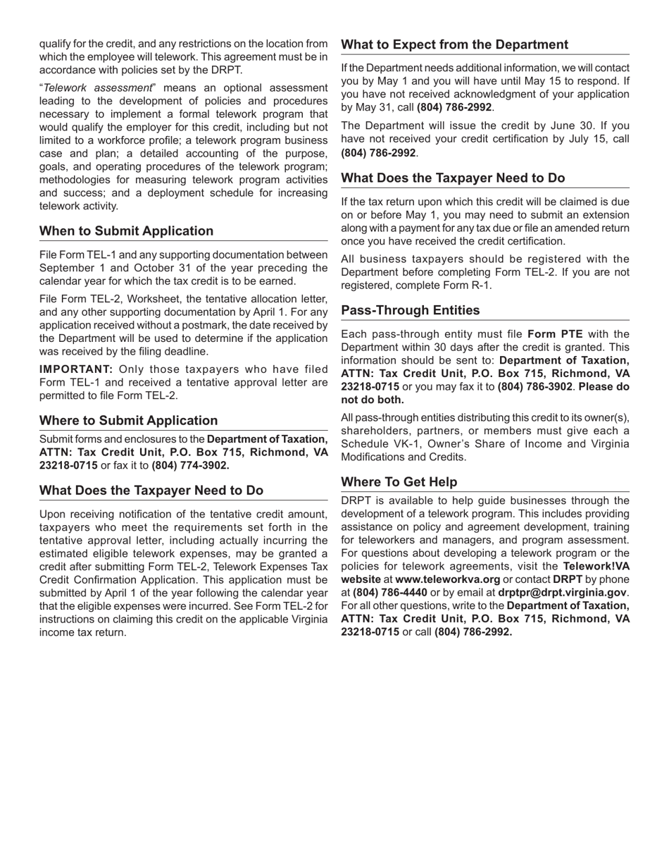 Form TEL-1 Telework Expenses Tax Credit Reservation Application - Virginia, Page 3