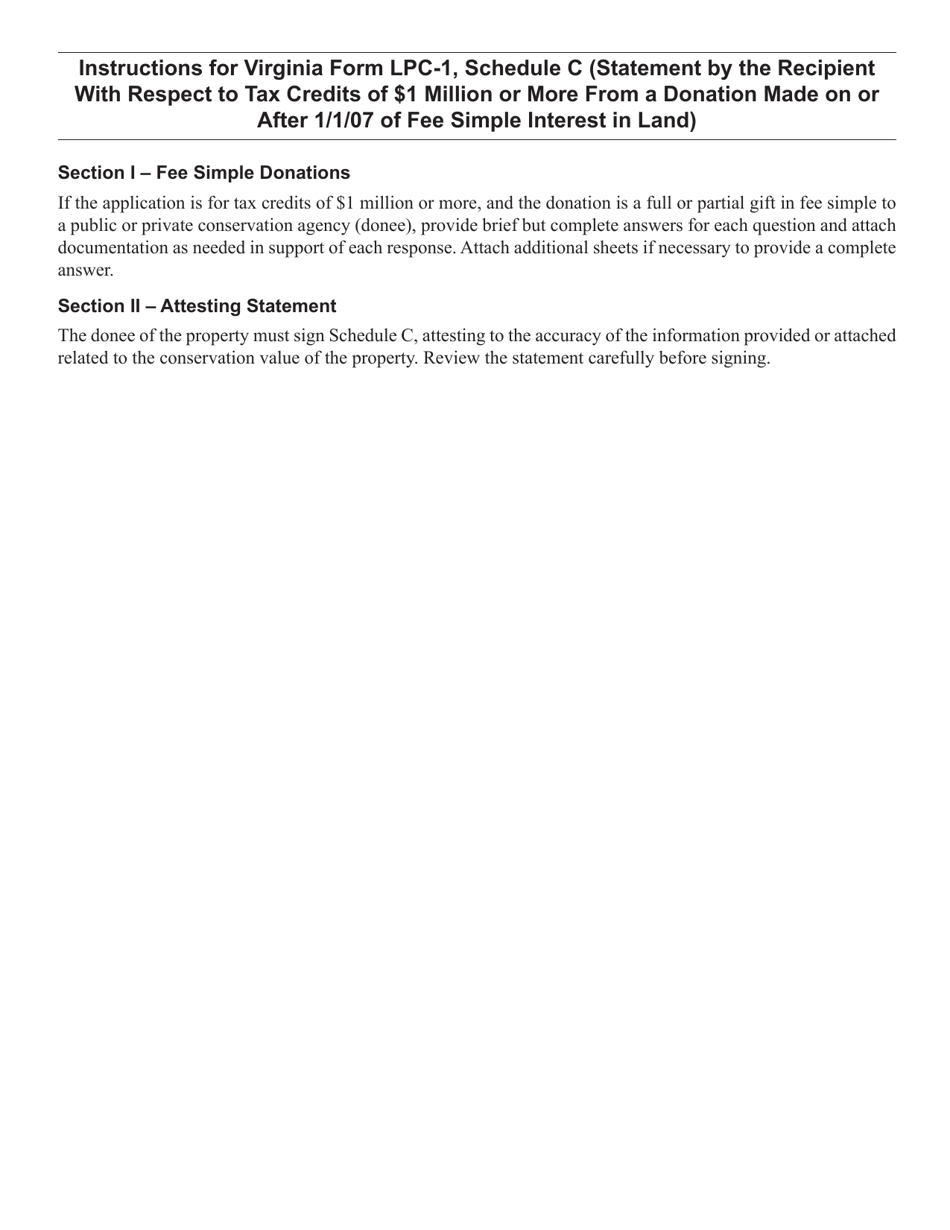 Form LPC-1 Schedule C Statement by the Recipient With Respect to Tax Credits of $1 Million or More From a Donation Made on or After 1 / 1 / 07 of Fee Simple Interest in Land - Virginia, Page 2