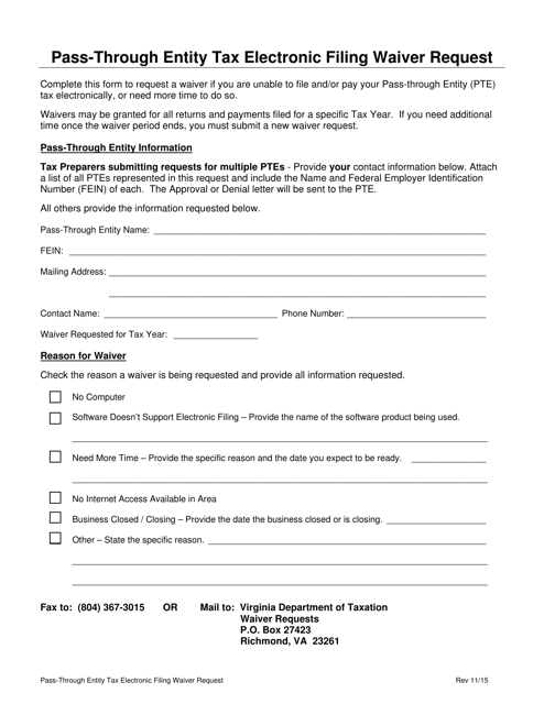 Pass-Through Entity Tax Electronic Filing Waiver Request Form - Virginia Download Pdf