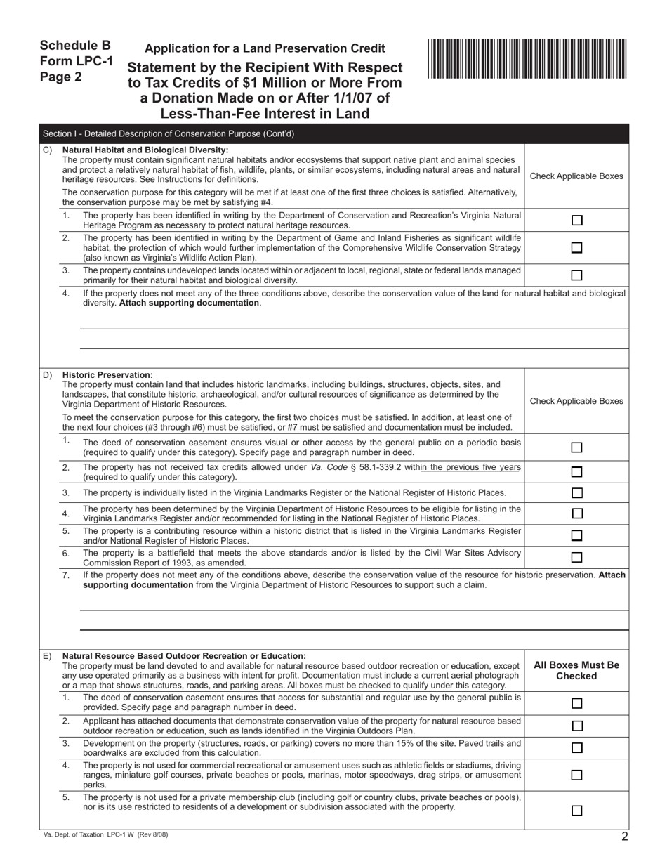 Form LPC-1 Schedule B Statement by the Recipient With Respect to Tax Credits of $1 Million or More From a Donation Made on or After 1 / 1 / 07 of Less-Than-Fee Interest in Land - Virginia, Page 2