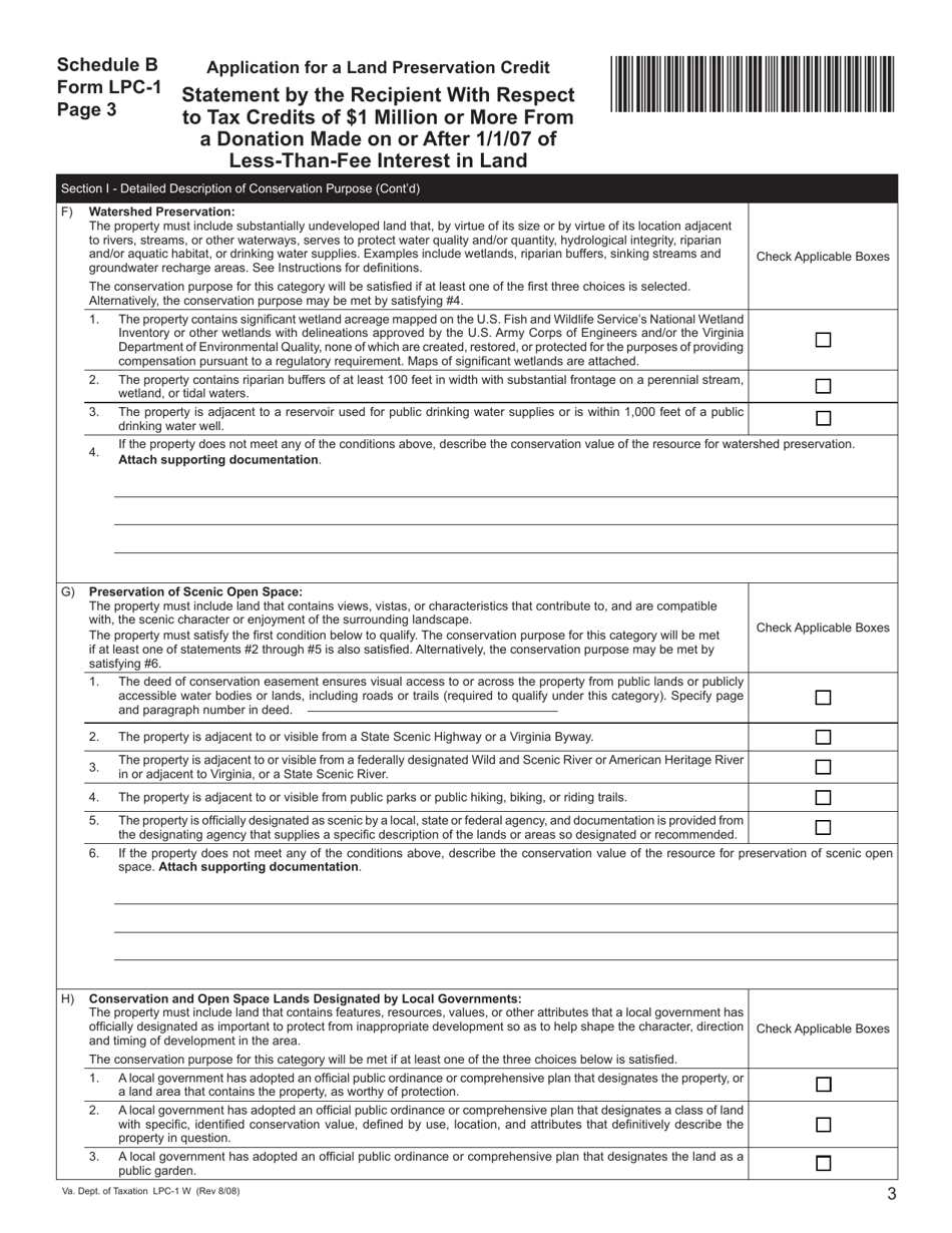 Form LPC-1 Schedule B Statement by the Recipient With Respect to Tax Credits of $1 Million or More From a Donation Made on or After 1 / 1 / 07 of Less-Than-Fee Interest in Land - Virginia, Page 3