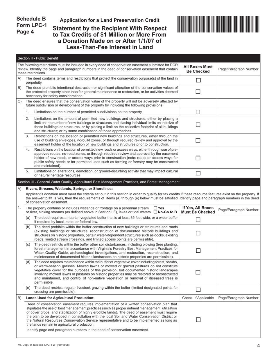Form LPC-1 Schedule B Statement by the Recipient With Respect to Tax Credits of $1 Million or More From a Donation Made on or After 1 / 1 / 07 of Less-Than-Fee Interest in Land - Virginia, Page 4