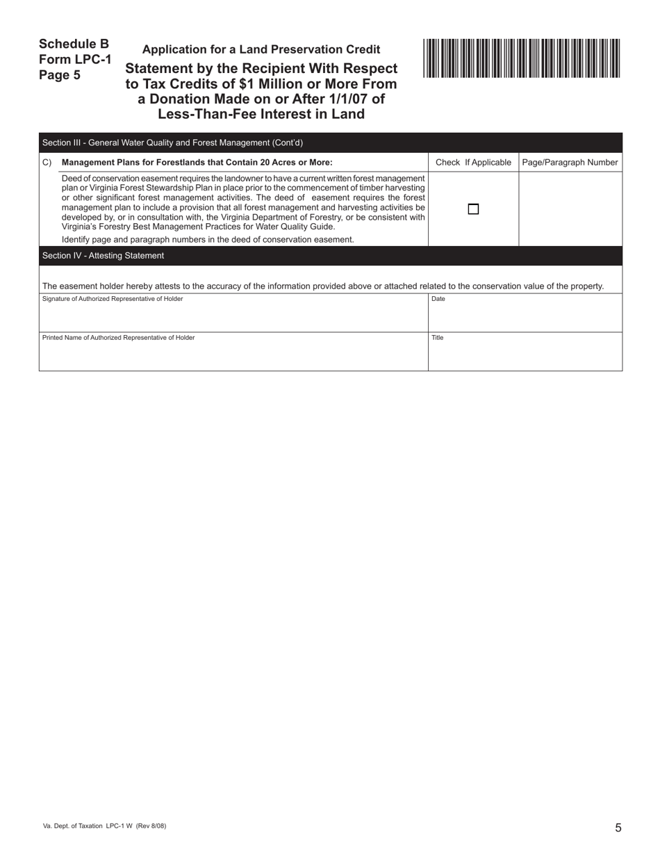 Form LPC-1 Schedule B Statement by the Recipient With Respect to Tax Credits of $1 Million or More From a Donation Made on or After 1 / 1 / 07 of Less-Than-Fee Interest in Land - Virginia, Page 5