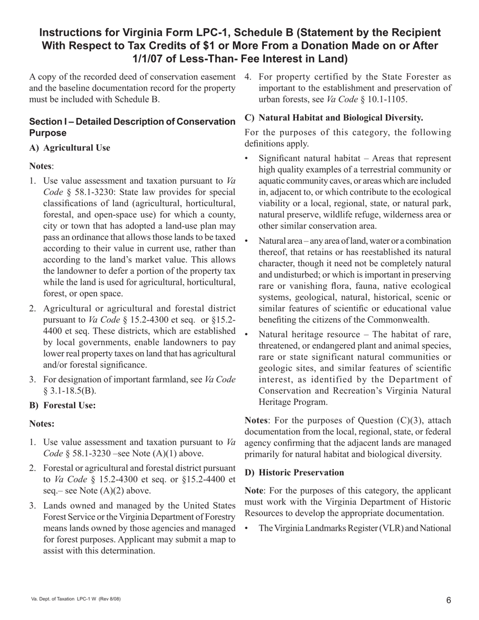 Form LPC-1 Schedule B Statement by the Recipient With Respect to Tax Credits of $1 Million or More From a Donation Made on or After 1 / 1 / 07 of Less-Than-Fee Interest in Land - Virginia, Page 6