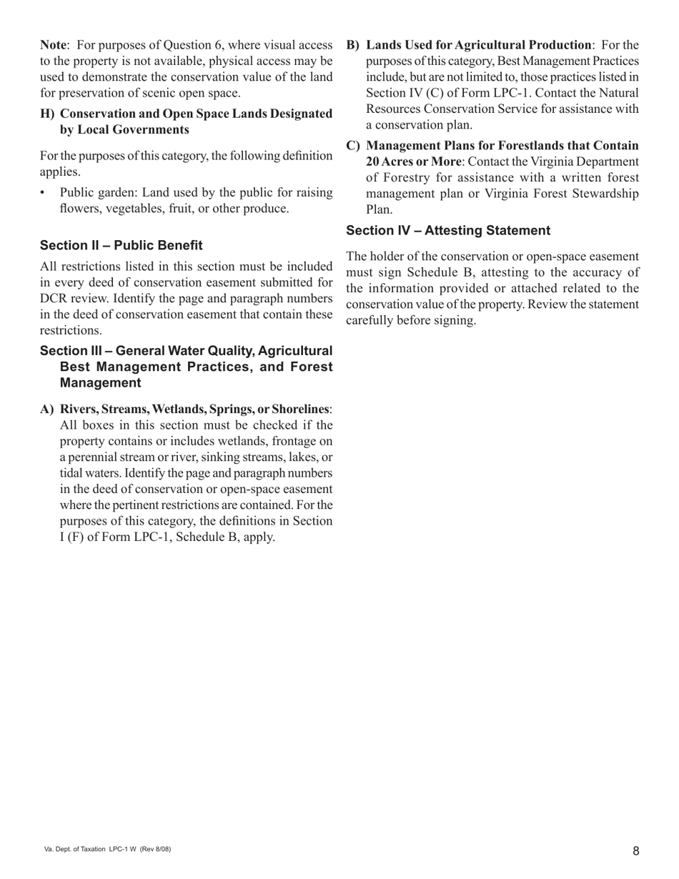 Form LPC-1 Schedule B Statement by the Recipient With Respect to Tax Credits of $1 Million or More From a Donation Made on or After 1 / 1 / 07 of Less-Than-Fee Interest in Land - Virginia, Page 8