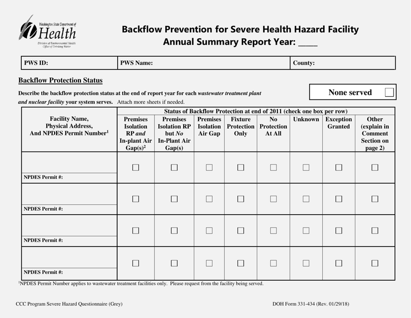 DOH Form 331-434 Backflow Prevention for Severe Health Hazard Facility Annual Summary Report - Washington