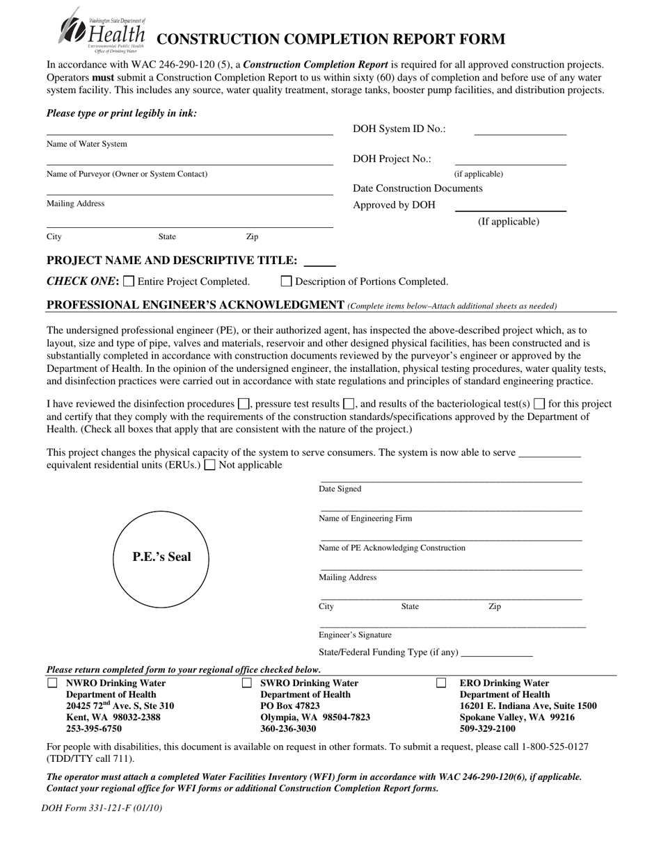 DOH Form 331-121 Construction Completion Report Form - Washington, Page 1