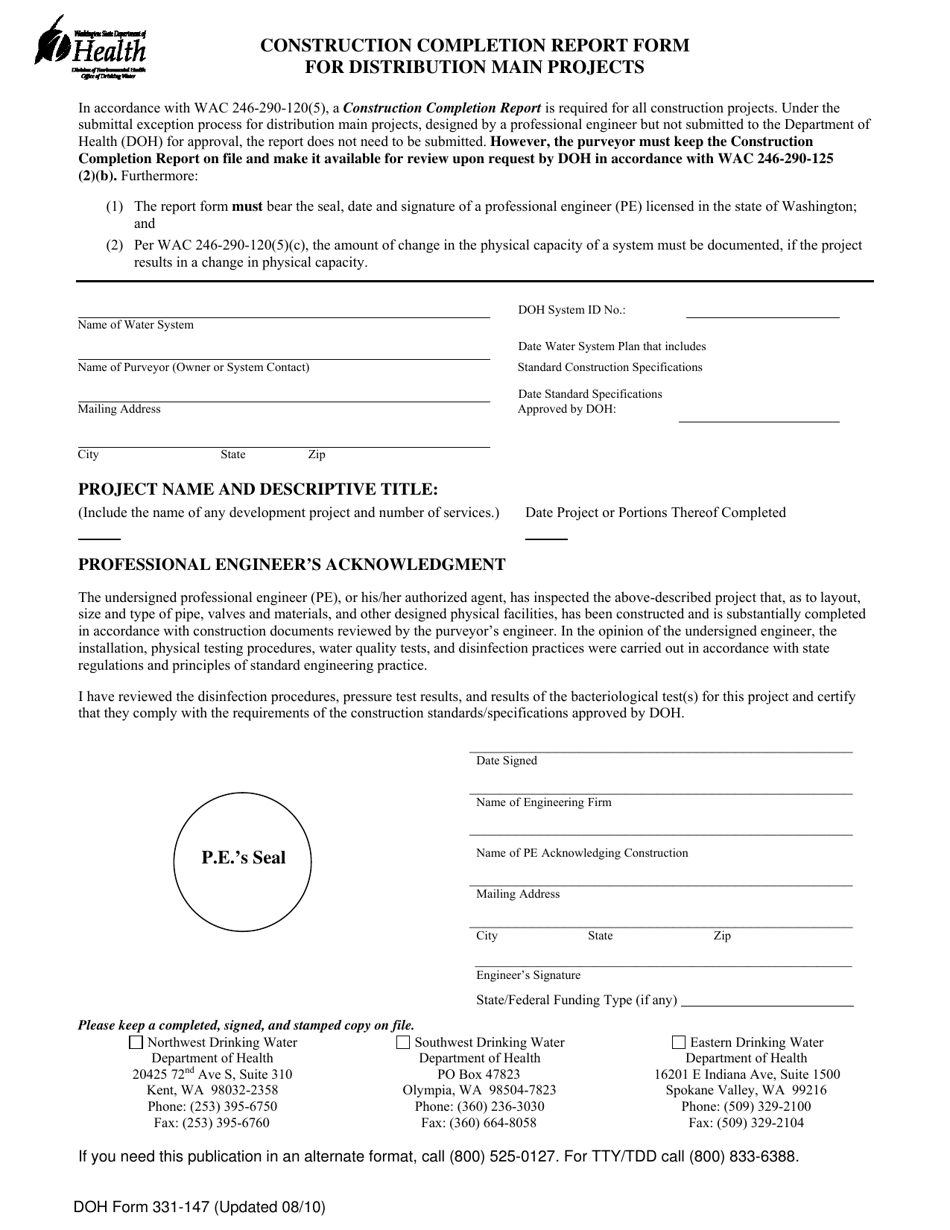 DOH Form 331-147 Construction Completion Report Form for Distribution Main Projects - Washington, Page 1