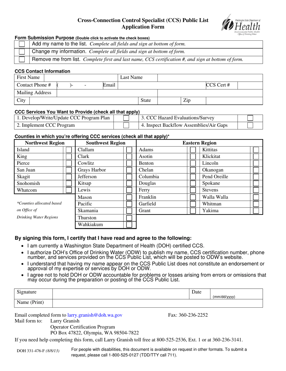 DOH Form 331-476 Cross-connection Control Specialist (Ccs) Public List Application Form - Washington, Page 1