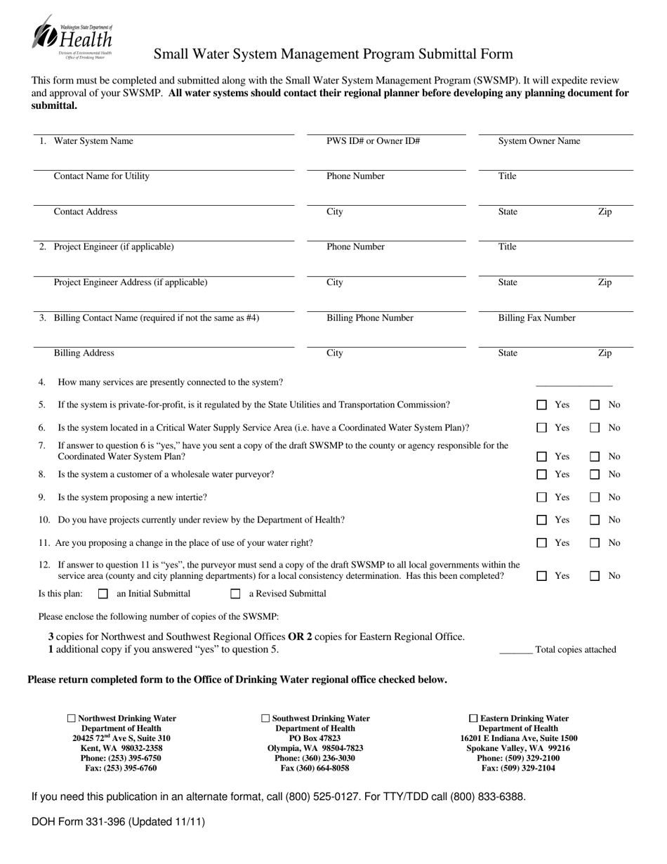 DOH Form 331-396 Small Water System Management Program Submittal Form - Washington, Page 1