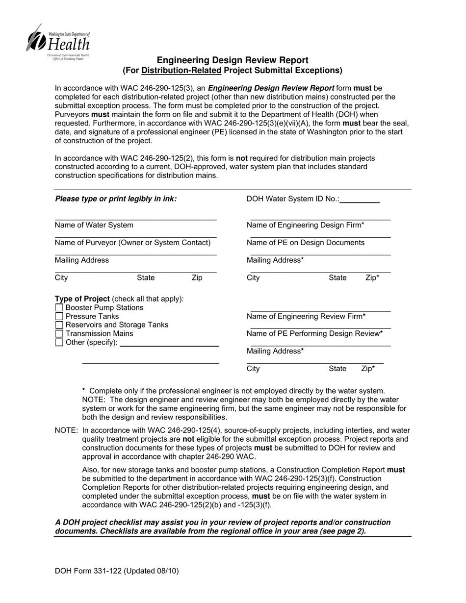 DOH Form 331-122 Engineering Design Review Report (For Distribution-Related Project Submittal Exceptions) - Washington, Page 1