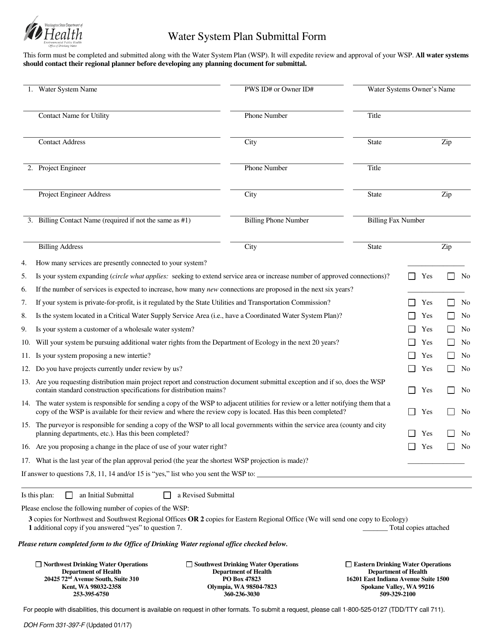 DOH Form 331-397 Water System Plan Submittal Form - Washington