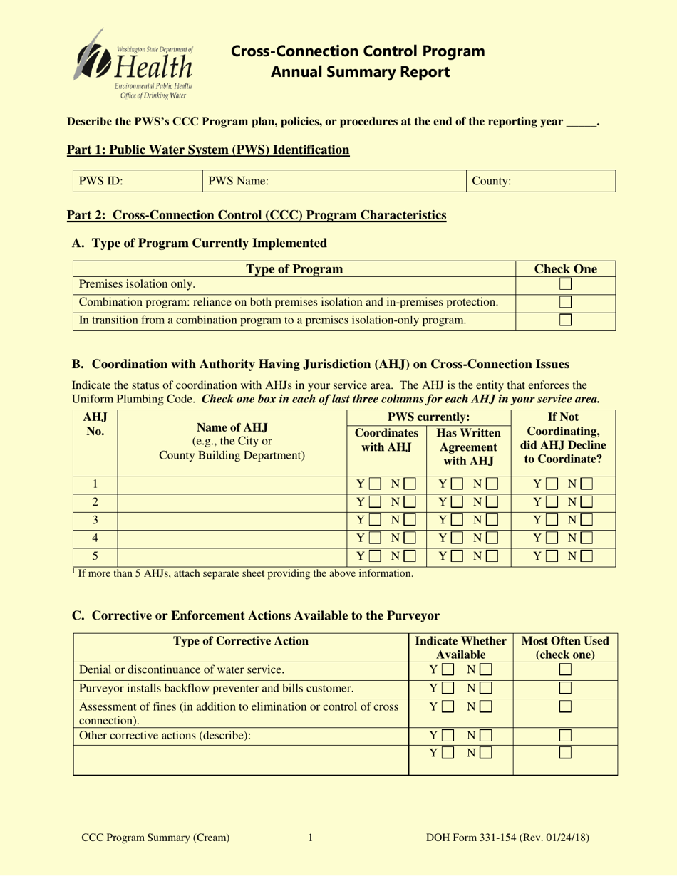 DOH Form 331-154 Cross-connection Control Program Annual Summary Report - Washington, Page 1