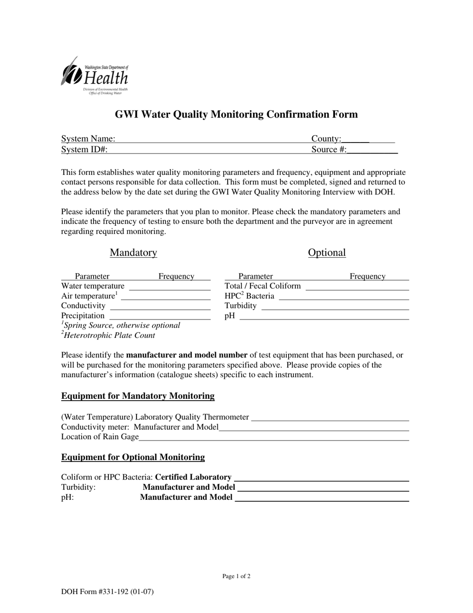 DOH Form 331-192 Gwi Water Quality Monitoring Confirmation Form - Washington, Page 1