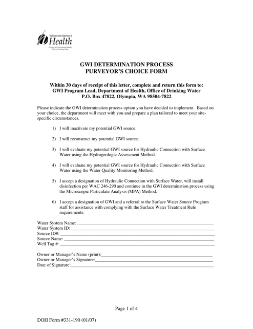 DOH Form 331-190 Gwi Determination Process Purveyor's Choice Form - Washington