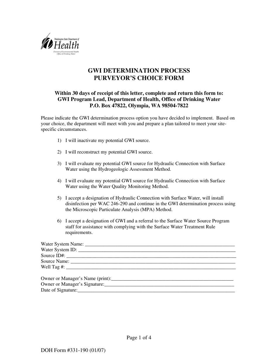 DOH Form 331-190 Gwi Determination Process Purveyors Choice Form - Washington, Page 1