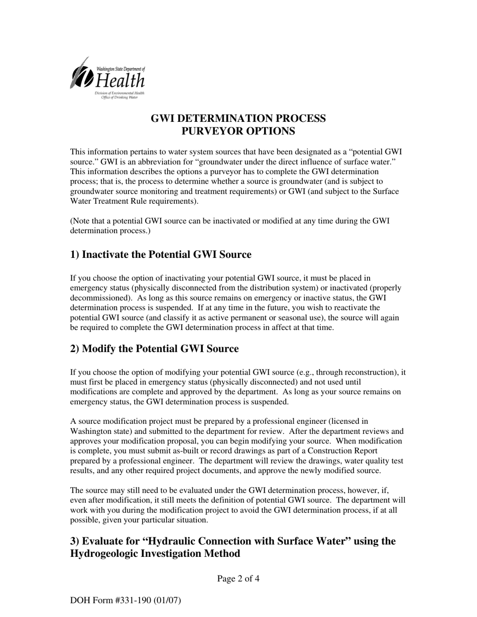 DOH Form 331-190 Gwi Determination Process Purveyors Choice Form - Washington, Page 2