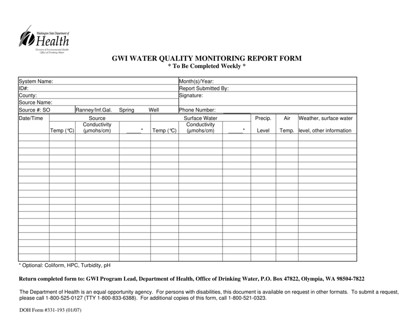 DOH Form 331-193 Gwi Water Quality Monitoring Report Form - Washington