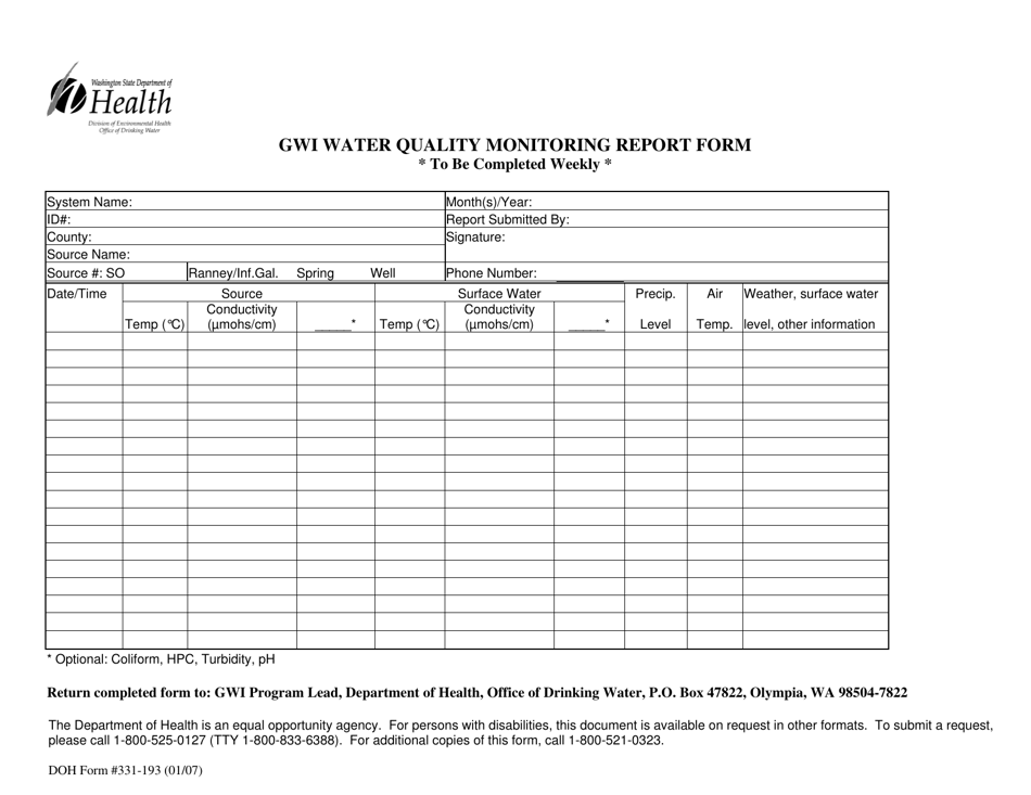 DOH Form 331-193 Gwi Water Quality Monitoring Report Form - Washington, Page 1