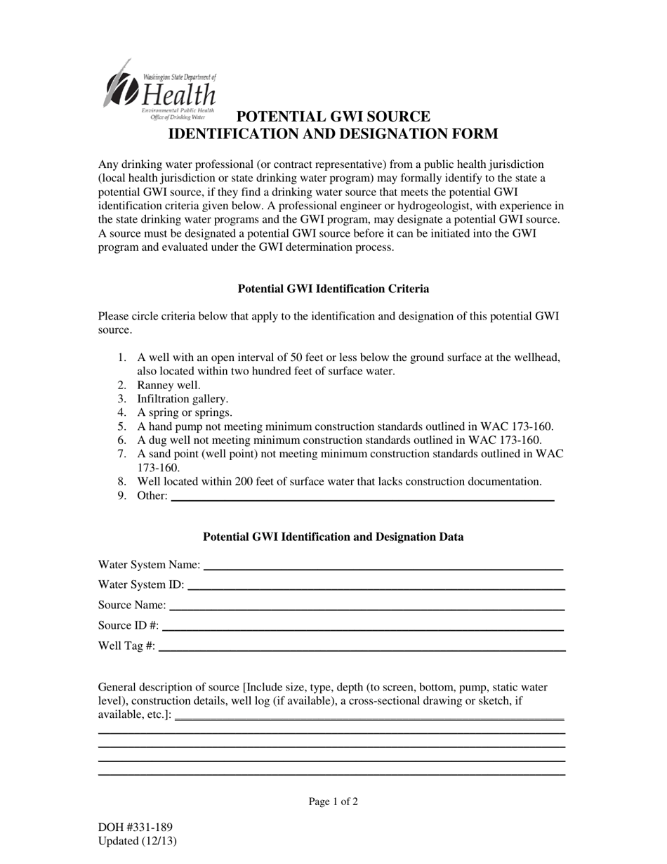 DOH Form 331-189 Potential Gwi Source Identification and Designation Form - Washington, Page 1