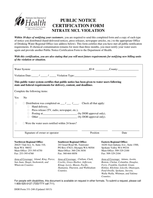 DOH Form 331-248 Public Notice Certification Form Nitrate Mcl Violation - Washington