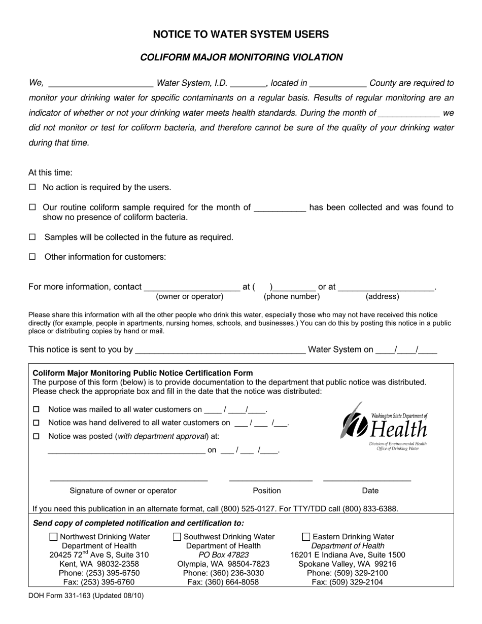 DOH Form 331-163 Notice to Water System Users Coliform Major Monitoring Violation - Washington, Page 1