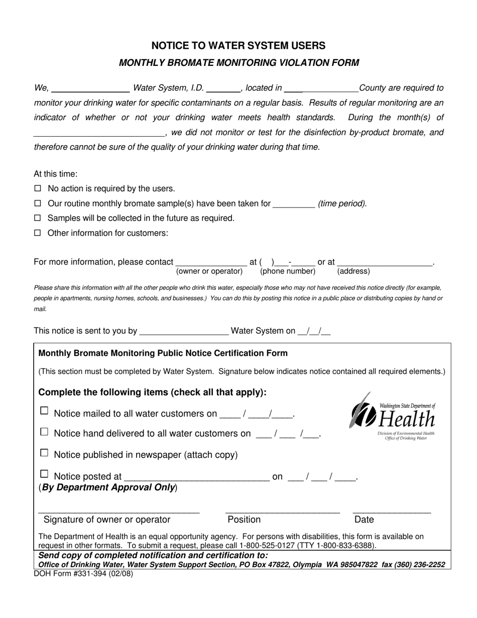DOH Form 331-394 Notice to Water System Users Monthly Bromate Monitoring Violation Form - Washington, Page 1