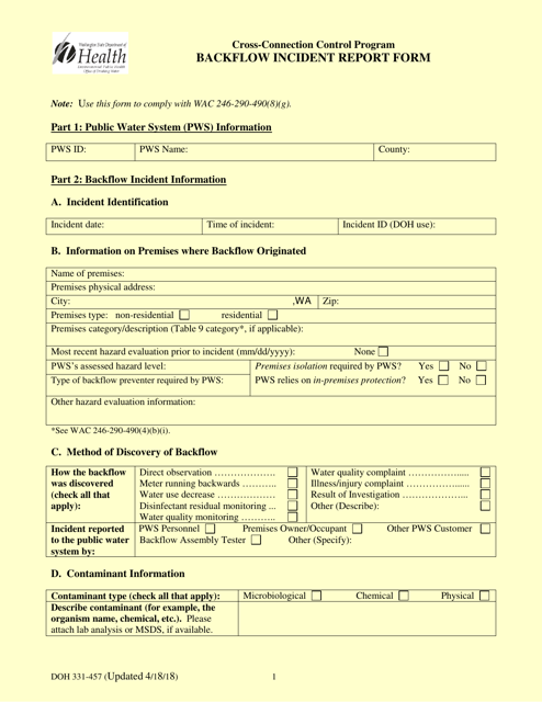 DOH Form 331-457 Cross-connection Control Program Backflow Incident Report Form - Washington