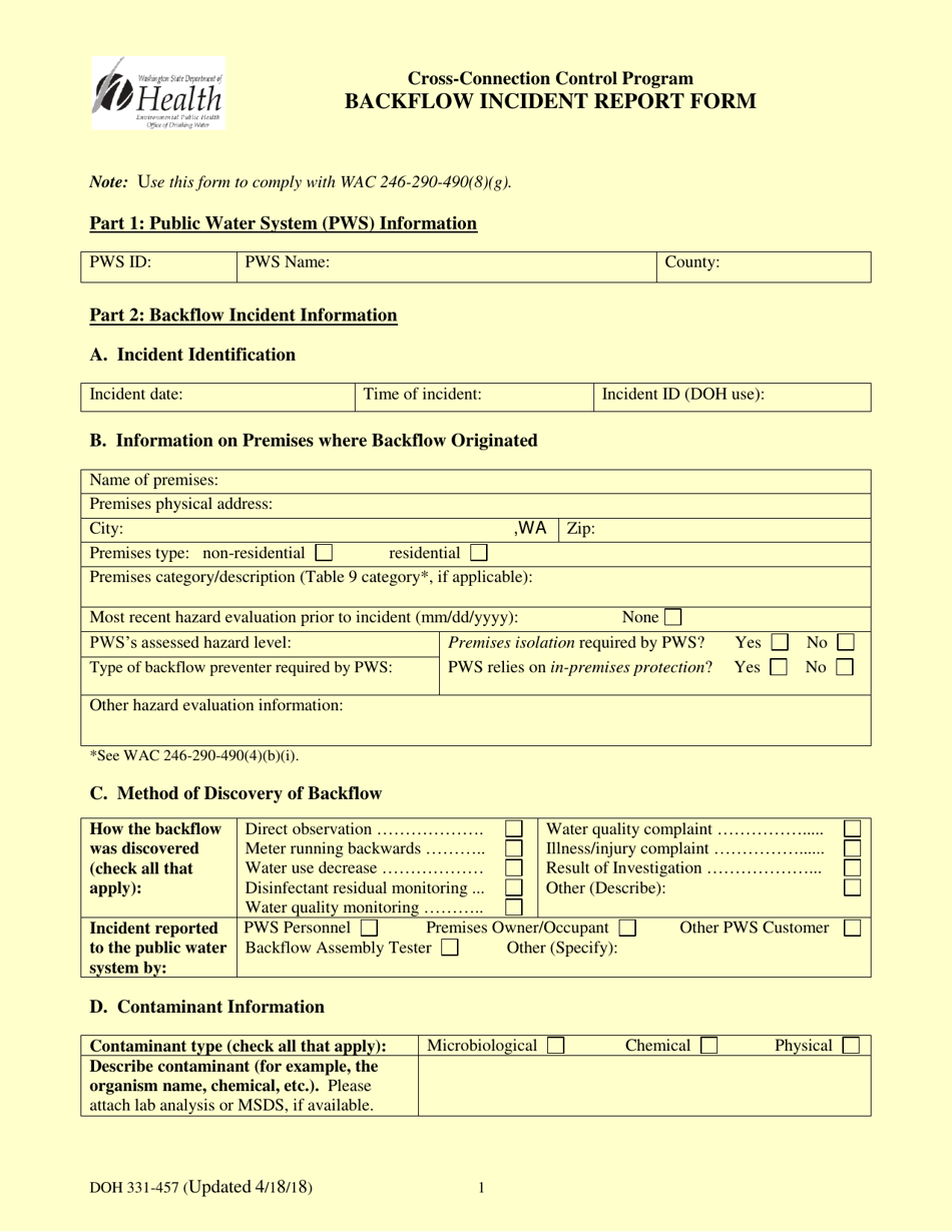 DOH Form 331-457 Cross-connection Control Program Backflow Incident Report Form - Washington, Page 1