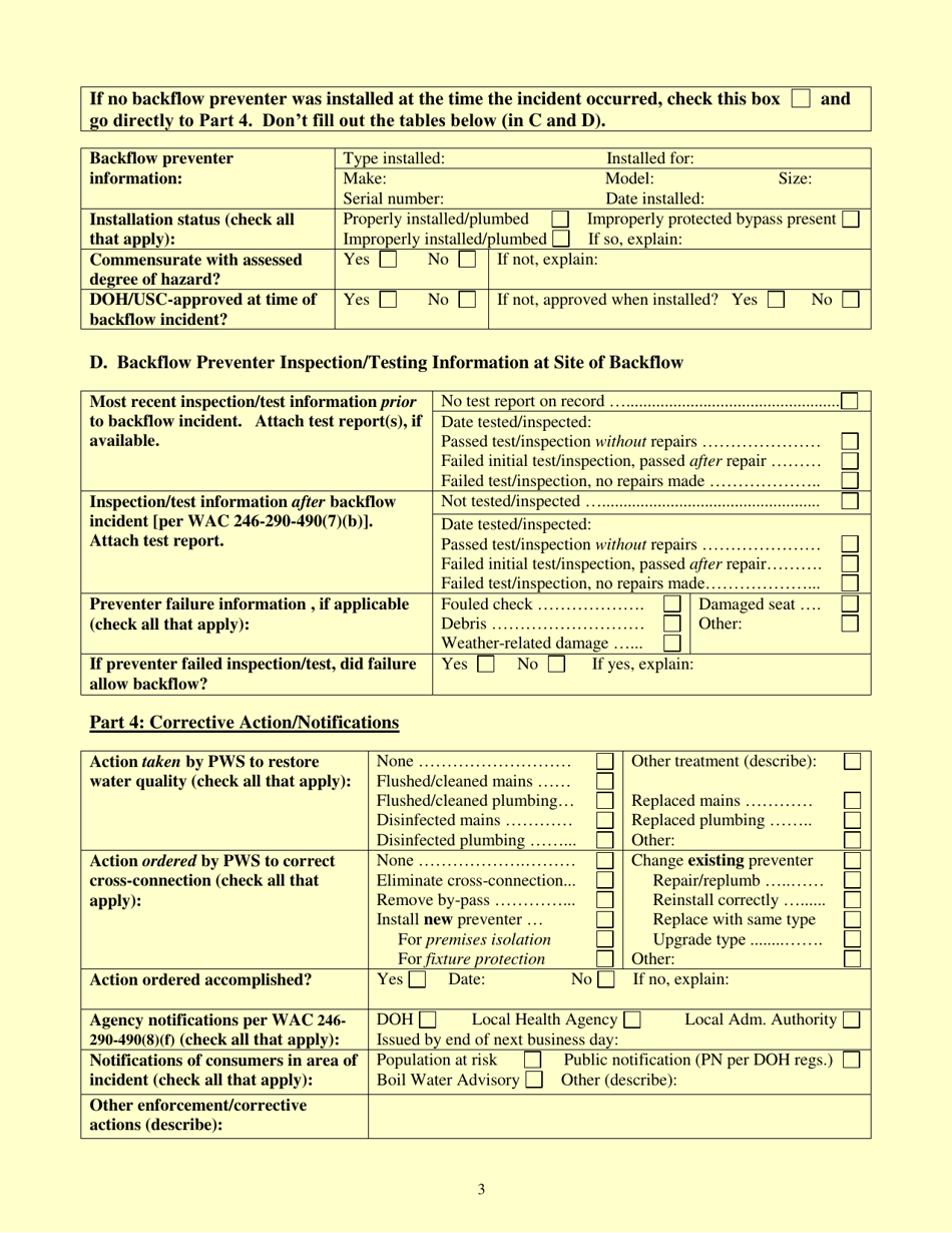 DOH Form 331-457 Cross-connection Control Program Backflow Incident Report Form - Washington, Page 3