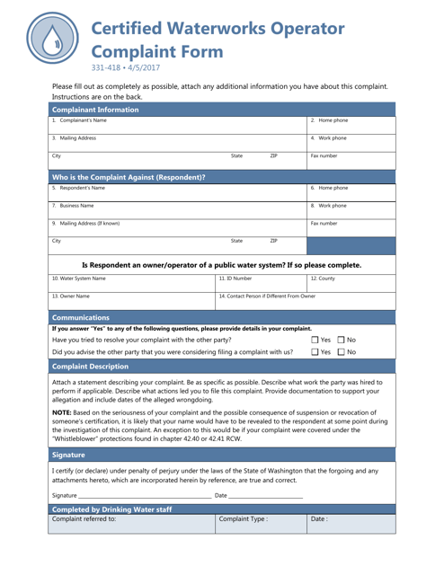 DOH Form 331-418 Certified Waterworks Operator Complaint Form - Washington