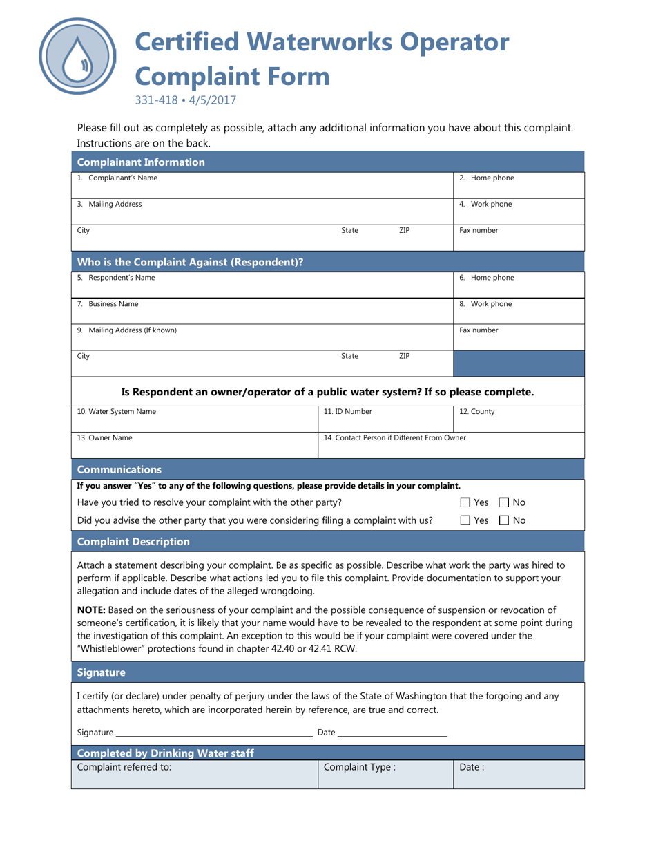 DOH Form 331-418 Certified Waterworks Operator Complaint Form - Washington, Page 1