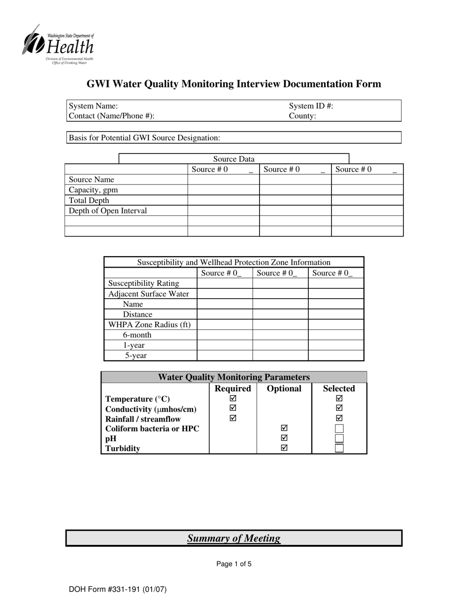 DOH Form 331-191 Gwi Water Quality Monitoring Interview Documentation Form - Washington, Page 1
