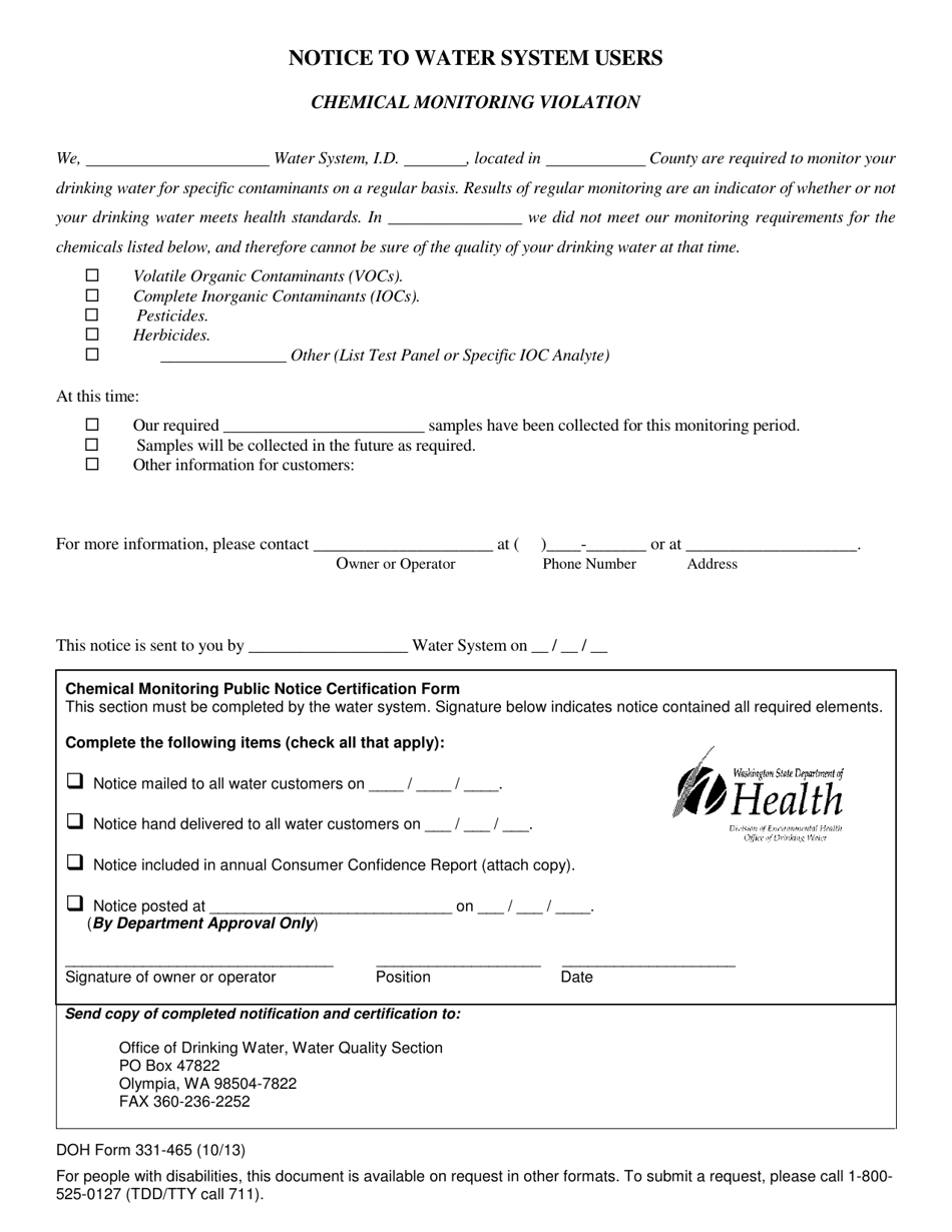 DOH Form 331-465 Notice to Water System Users Chemical Monitoring Violation - Washington, Page 1