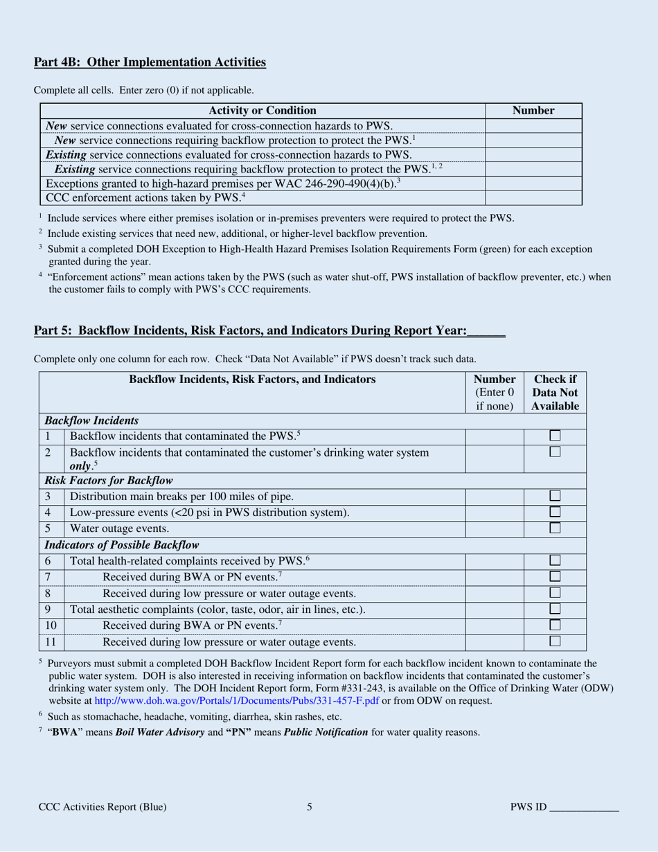 DOH Form 331-155 Public Water System Cross-connection Control Activities Annual Summary Report - Washington, Page 5