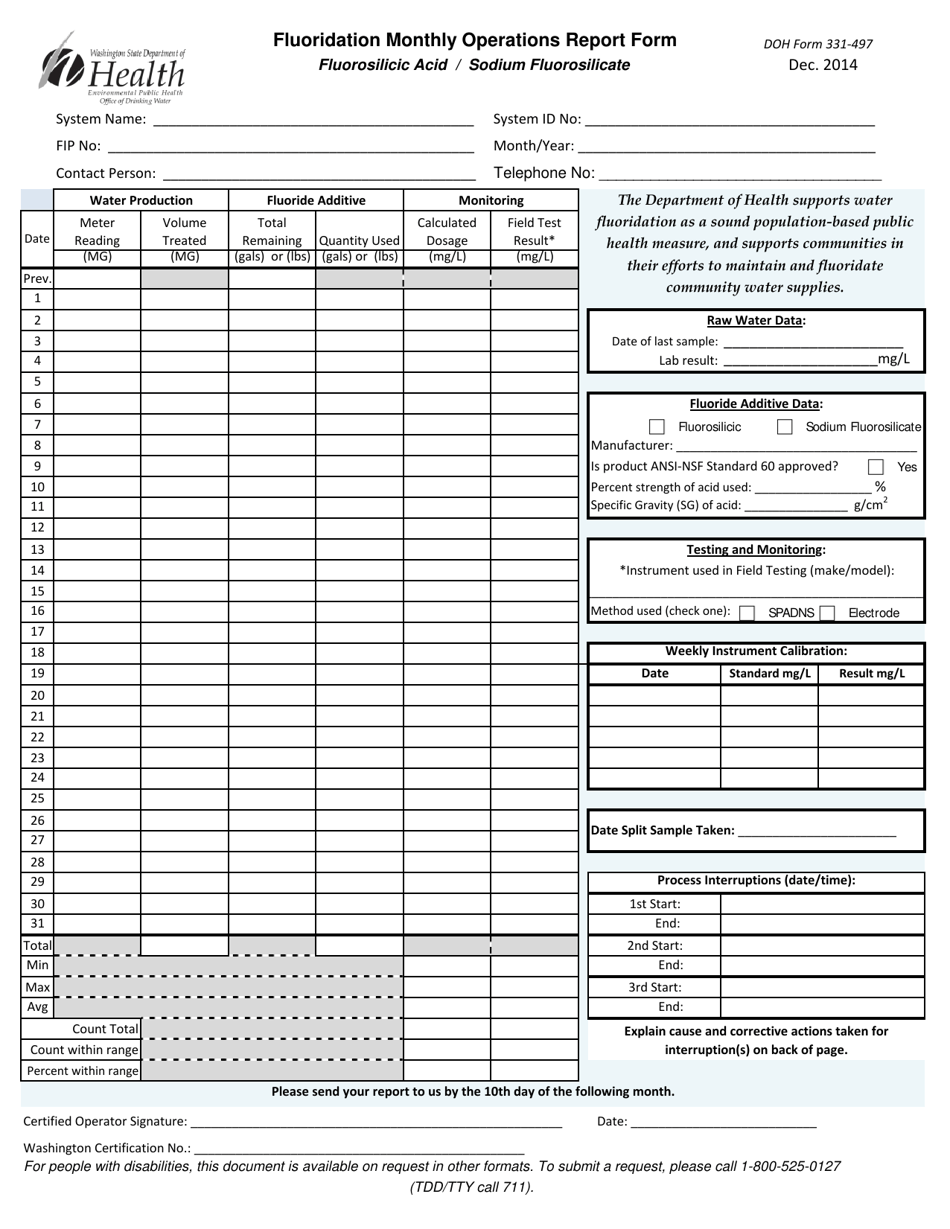 DOH Form 331-497 Fluoridation Monthly Operations Report Form - Washington, Page 1