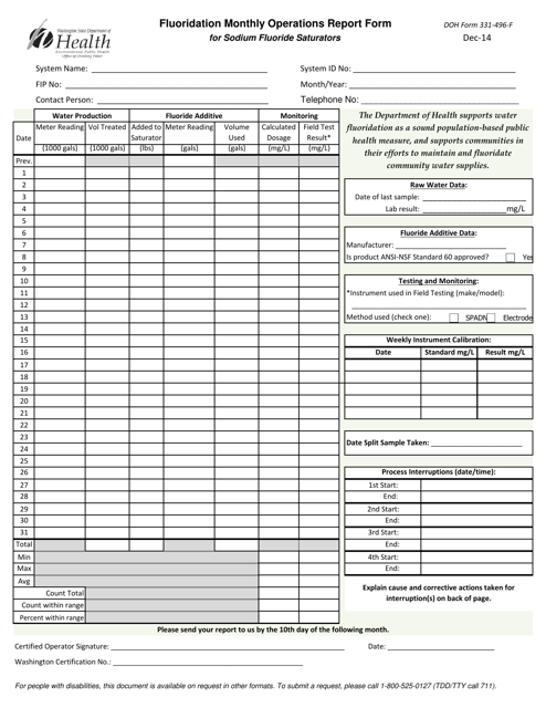 DOH Form 331-496 Fluoridation Monthly Operations Report Form for Sodium Fluoride Saturators - Washington