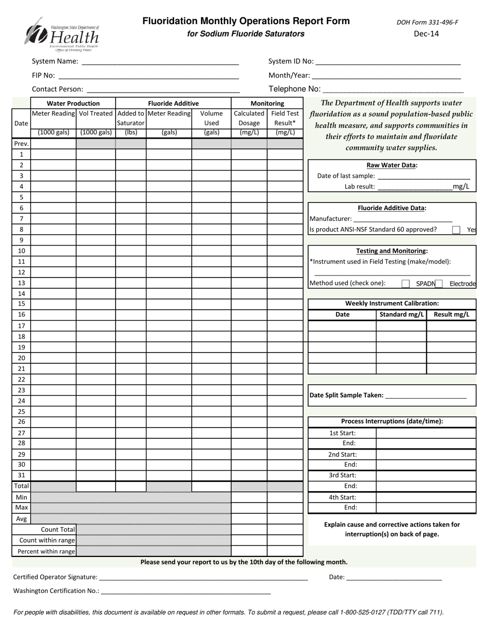 DOH Form 331-496 Fluoridation Monthly Operations Report Form for Sodium Fluoride Saturators - Washington, Page 1