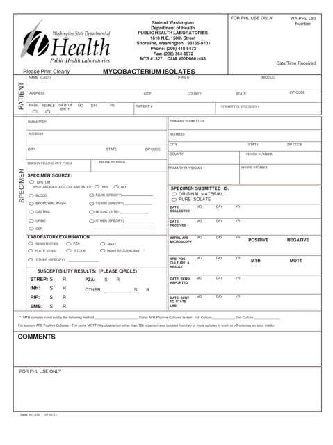 DOH Form 302-014 Mycobacterium Isolates - Washington