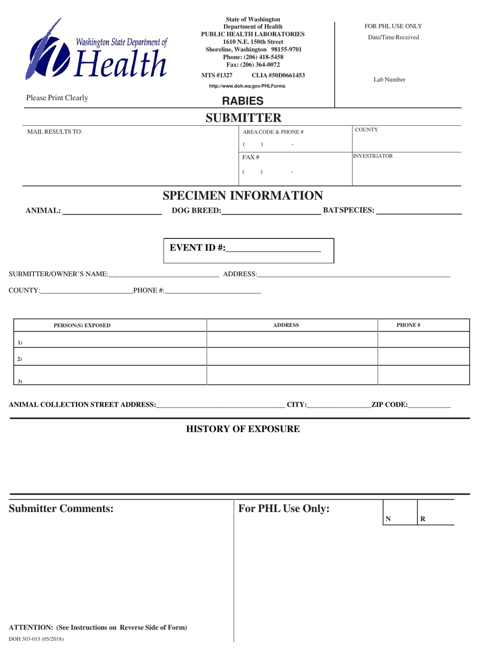 DOH Form 303-013 Rabies - Washington, Page 1